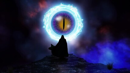 Wall Mural - alien eye in the sky with hooded figure 4k loop features a single eye in the sky with energy and clo