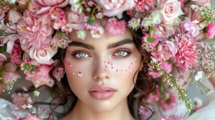 Wall Mural - Portrait of a Woman with Pink Floral Crown and Petals on Face Expressing Serenity and Elegance in Symmetrical Floral Arrangement