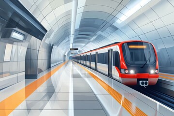 Leinwandbilder - Metro station interior featuring a red subway train waiting at a platform with smooth tile and bright lights. Generative AI