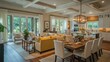 © Pannee - An open-plan living room and dining area featuring light yellow sofas, a wooden table, and white chairs, with soft lighting and neutral decor.
