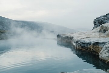 Poster - Serene hot spring with rising steam surrounded by rocky edges in a tranquil landscape. Generative AI