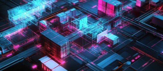Wall Mural - abstract digital network: neon cubes and glowing wires