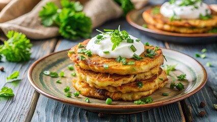 Wall Mural - Crispy gluten-free potato fritters topped with a dollop of creamy cottage cheese and fresh herbs , potato, crispy, potato