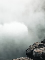 Poster - Relaxing hot spring surrounded by rocky edges with steam rising in the early morning light. Generative AI