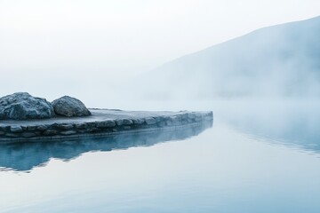Poster - Serene hot spring with rising steam nestled among rocky edges at dawn near tranquil waters. Generative AI
