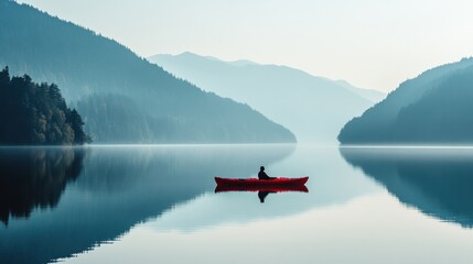 Aufkleber - Lone kayaker gliding on a tranquil mountain lake surrounded by misty peaks during early morning hours. Generative AI
