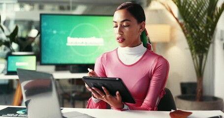 Poster - creative, serious and woman with tablet, project and stylus for web design, illustration and talent.