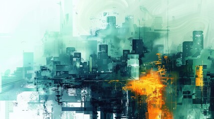 Wall Mural - Abstract cityscape with vibrant colors and ethereal fog, evoking a futuristic urban environment