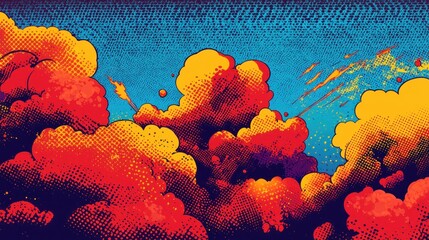 Canvas Print - Vibrant comic style clouds in bold reds and yellows against a turquoise sky, capturing a dramatic and dynamic atmosphere in the artwork