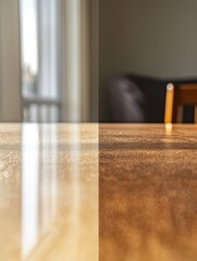 Aufkleber - Comparison of a dusty and clean furniture surface in a well lit indoor living space. Generative AI