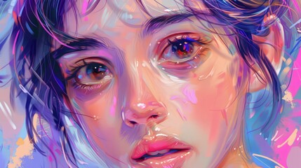 Wall Mural - A close-up portrait of a young woman with expressive eyes, set against a vibrant abstract background, showcasing emotion