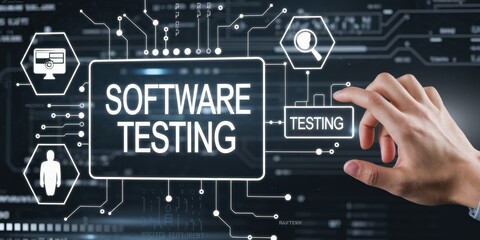 software testing concept with hand interacting with digital interface