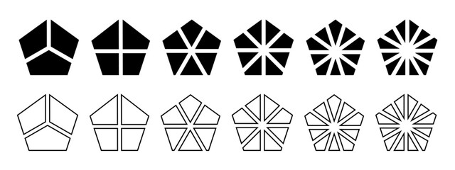 Wall Mural - pentagon shapes divided into fractions from 2 to 12 isolated on white background. polygon figures cu