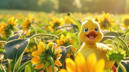 Canvas Print - A cheerful yellow duckling stands amidst vibrant sunflowers under a sunny sky, capturing a joyful moment in nature