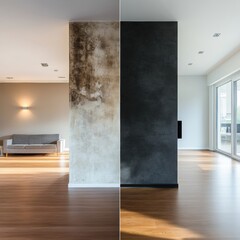 Leinwandbilder - Split view of contrasting room designs showcasing old dark interiors and bright modern renovations. Generative AI
