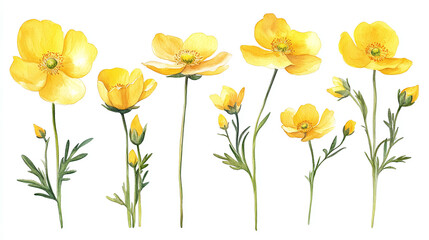 Wall Mural - Watercolor set of yellow buttercups flowers isolated on white background.