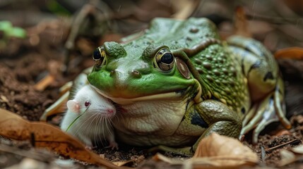 Canvas Print - A green frog gently holding a small white mouse in a forest setting, surrounded by fallen leaves and natural foliage