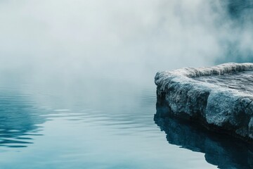 Poster - Serene hot spring with rising steam creating a tranquil atmosphere near rocky edges in a peaceful natural setting. Generative AI