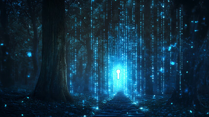 Abstract digital security concept with binary code and keyhole illumination. Witchwood Forests. Illustration