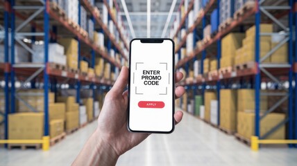 Hand holding smartphone displaying enter promo code in warehouse