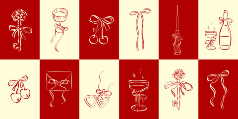 Poster - Hand drawn coquette aesthetics elements. Vintage cute symbols with ribbon and bow in simple crayon and sketch style. Trendy art for Valentine day and wedding invitations. Outline vector illustration