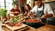 © RUENGWILAI - Multiracial group of friends cooking together in a modern kitchen with a man and woman preparing food