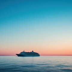 Poster - Serene sunset over calm waters with a cruise ship anchored in the horizon. Generative AI