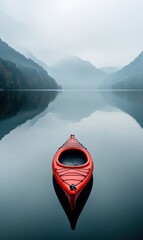 Aufkleber - Lone kayak floating on a serene mountain lake surrounded by misty peaks and calm water at dawn. Generative AI