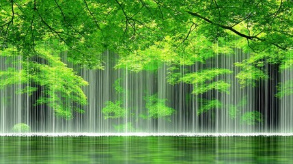 Wall Mural - Lush waterfall cascading through trees, serene green forest. Possible use Nature background, wallpaper