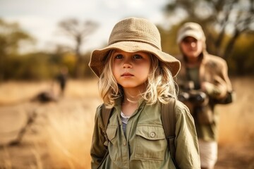 Wall Mural - Little girl in safari hat looking at camera with her father in background