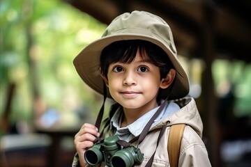 Wall Mural - Portrait of a boy with binoculars looking at the camera