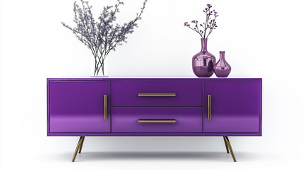 Wall Mural - purple  sideboard featuring closed cabinets , minimalist design. Ideal for modern living spaces, combining functionality with contemporary style. Isolated on white background , plants in vase