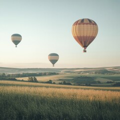 Aufkleber - Hot air balloons ascend gracefully over a vast green field during a serene morning. Generative AI