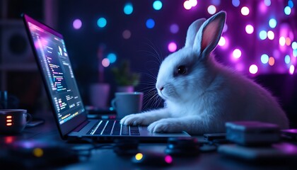 rabbit programming on laptop with glowing lights in neon lit room