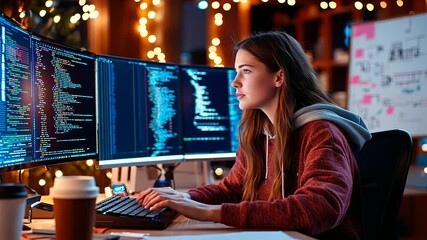 A young woman coding in a contemporary office setting.