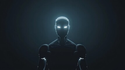 Leinwandbilder - Glowing humanoid robot stands centered against a dark backdrop with luminous details illuminating its form. Generative AI