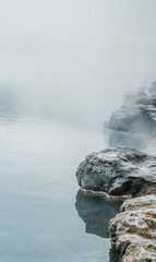 Poster - Relaxing experience at a serene hot spring with steam rising above rocky edges in a tranquil landscape. Generative AI