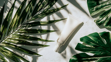 Wall Mural - tropical skincare product sunlight leaves flatlay