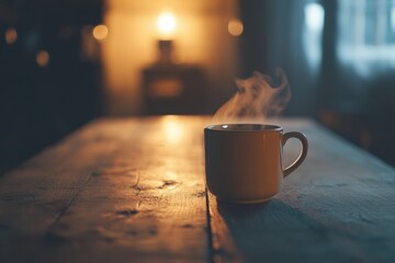 Poster - Warm coffee cup with steam rises on rustic wooden table in cozy evening ambiance illuminated by soft light. Generative AI