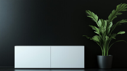 Wall Mural - white  sideboard featuring closed cabinets , minimalist design. Ideal for modern living spaces, combining functionality with contemporary style. Isolated on black background , plants in pot 
