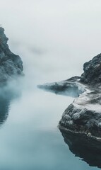 Aufkleber - Serene hot spring with gentle steam rising over rugged rocky edges in a tranquil natural setting. Generative AI