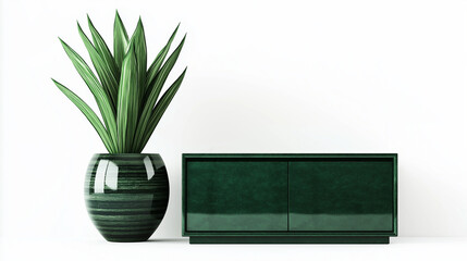 Wall Mural - green  sideboard featuring closed cabinets , minimalist design. Ideal for modern living spaces, combining functionality with contemporary style. Isolated on white background , plants in pot