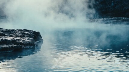 Poster - Serene hot spring with steam rising above rocky edges in a tranquil natural setting. Generative AI