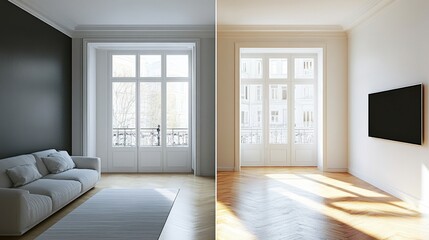 Leinwandbilder - Contrast between old dark interiors and bright modern design in a renovated living space. Generative AI