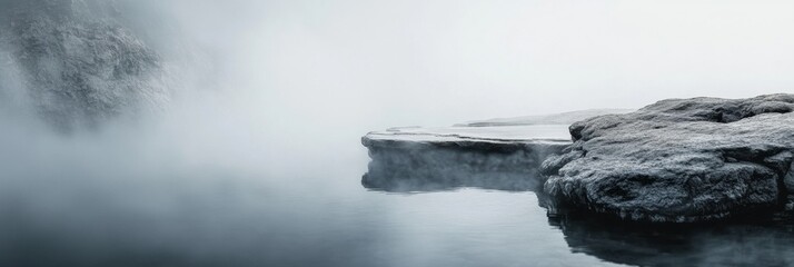 Poster - Serene hot spring with steam rising above rocky edges during early morning hours. Generative AI
