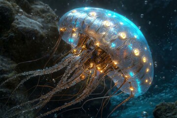 Poster - A futuristic jellyfish in the deep sea. AI.