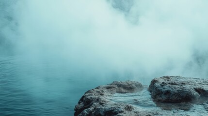 Poster - Relaxing in a serene hot spring with steam rising amid rocky edges in a tranquil setting. Generative AI