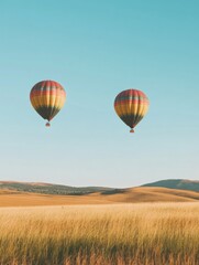 Aufkleber - Hot air balloons gliding gracefully over golden fields during a clear afternoon sky. Generative AI