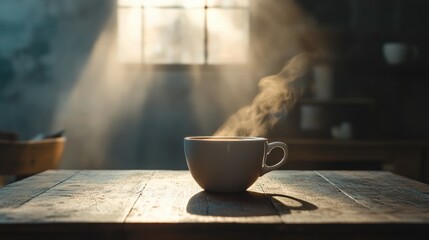 Fototapete - Warm coffee cup with steam rising on rustic wooden table in a cozy interior during morning light. Generative AI