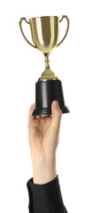 Wall Mural - woman with golden trophy cup on white background, closeup